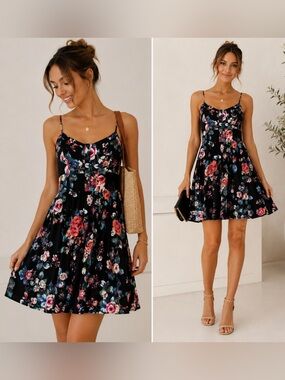 Express Black Summer Dress with Pink, Blue and Green Floral Print